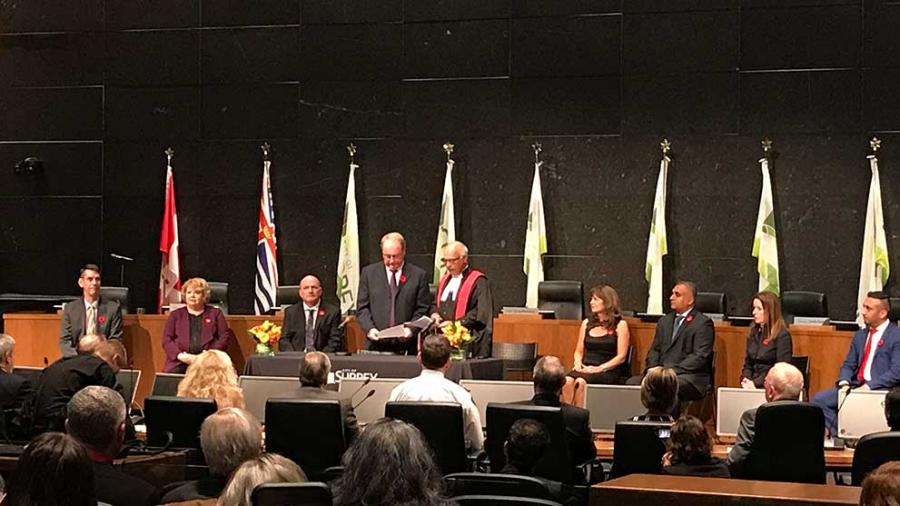 Mayor Doug McCallum and the new members of Surrey City Council officially taking the Oath of Office at an inauguration ceremony 